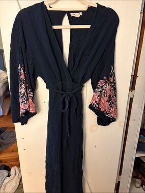 Navy Floral Embroidered Waist-Tie Maxi wrap Dress